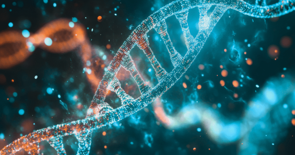 Close-up 3D rendering of glowing DNA strands representing cellular energy, metabolism, and peptide science. representing metabolic stack peptides