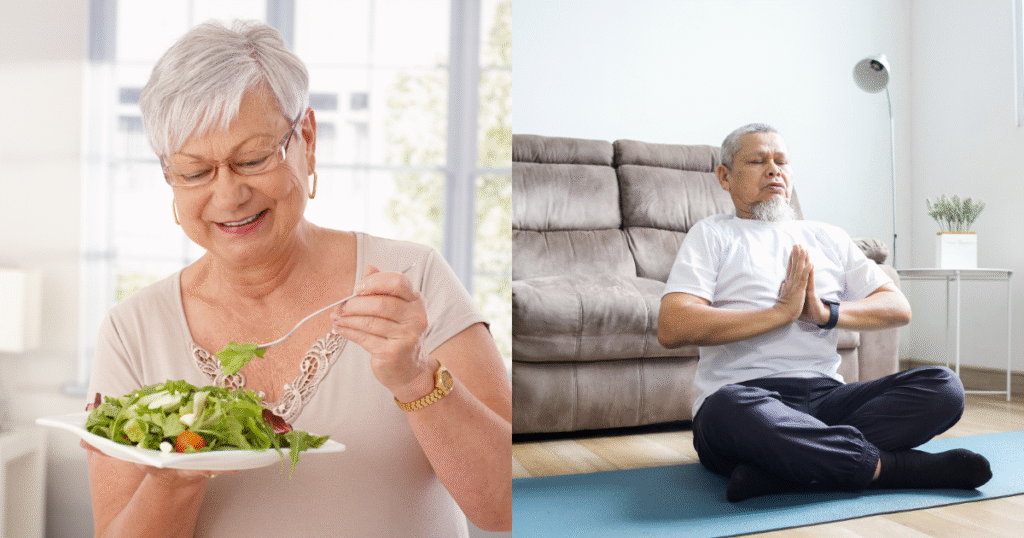 Healthy older adults practicing lifestyle balance — one eating a fresh salad and another meditating at home to support metabolic health.