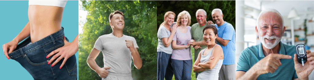 Collage showing fat loss, exercise, group fitness, and blood sugar monitoring — illustrating benefits of metabolic peptide therapy for weight, energy, and glucose control.