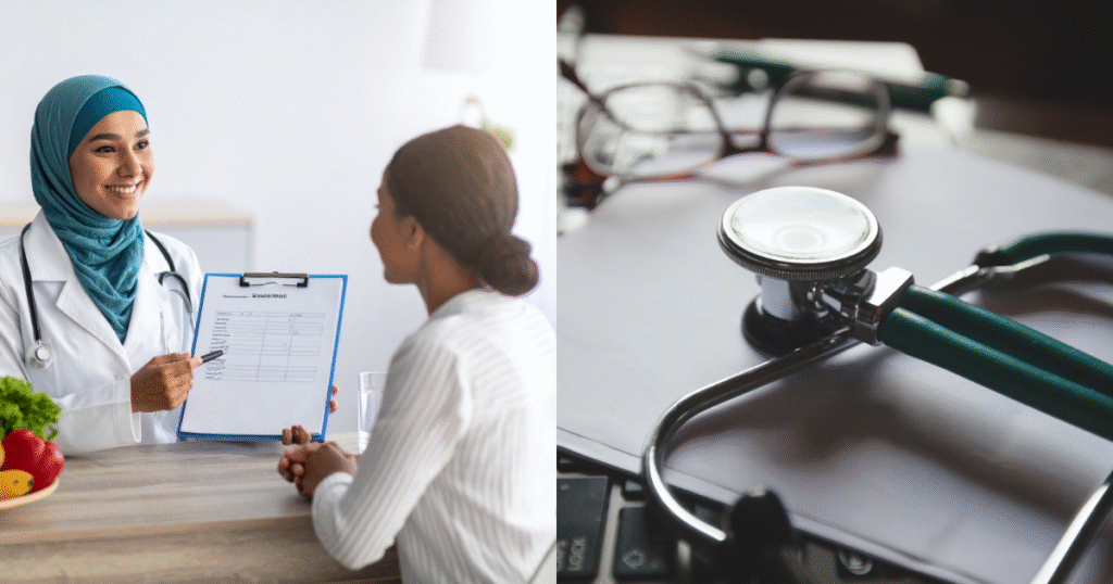 Healthcare professional reviewing lab results with patient, paired with stethoscope and medical records — emphasizing guided, evidence-based peptide therapy.