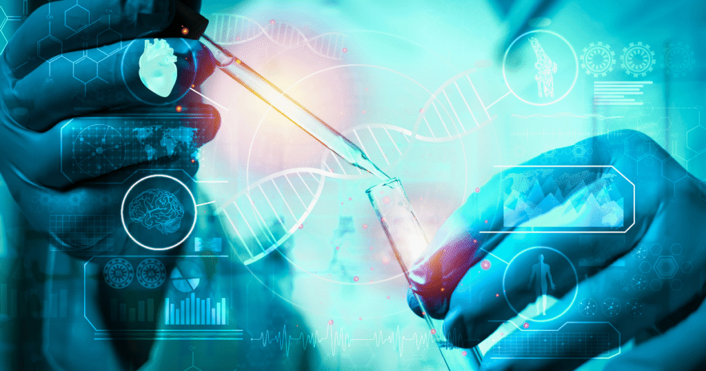 Scientist using pipette in lab with digital DNA overlay — depicting biotechnology research behind metabolic stack peptides.