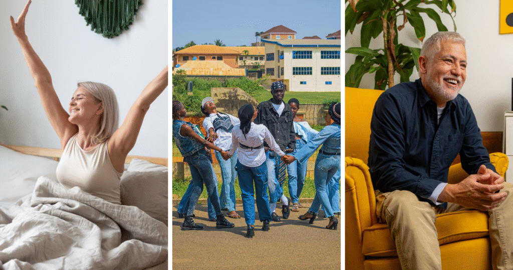 People celebrating vitality — a woman stretching in bed, a group dancing outdoors, and a man smiling at home — representing improved energy and wellbeing through optimized metabolism.