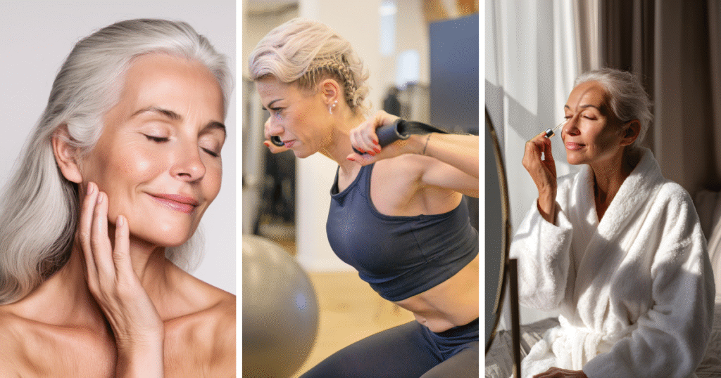 Smiling woman touching her glowing skin after Glow Stack Peptide treatment. Active woman working out, highlighting muscle recovery benefits of Glow Stack Peptide. Relaxed woman admiring her reflection, showing improved skin tone from peptide therapy.