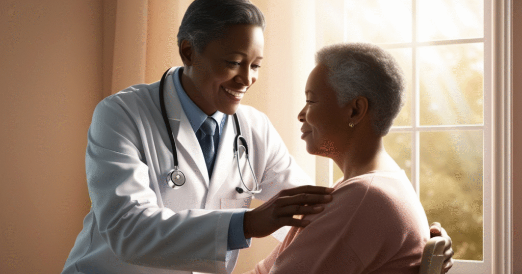 Doctor reassuring mature woman about the safety and medical supervision of Glow Stack Peptide therapy