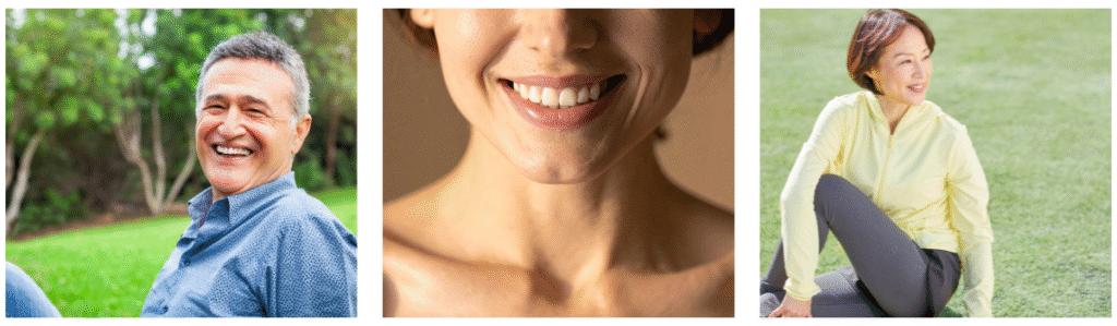 Healthy man smiling confidently after Glow Stack Peptide skin and recovery treatment. Woman with radiant skin smiling, showcasing results of Glow Stack Peptide therapy. Middle-aged woman sitting outdoors looking vibrant after using Glow Stack Peptide.