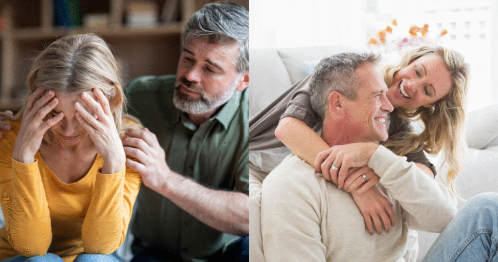 Midlife adults experiencing fatigue and hormonal changes highlighting the effects of declining growth hormone before Sermorelin therapy.