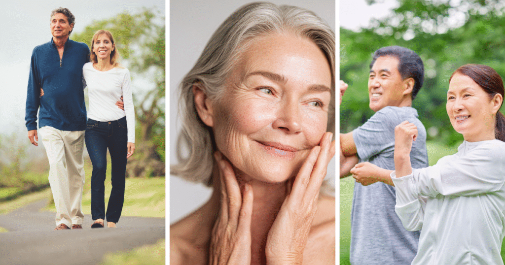 Healthy middle-aged men and women with improved body composition, energy, and skin after Sermorelin therapy.