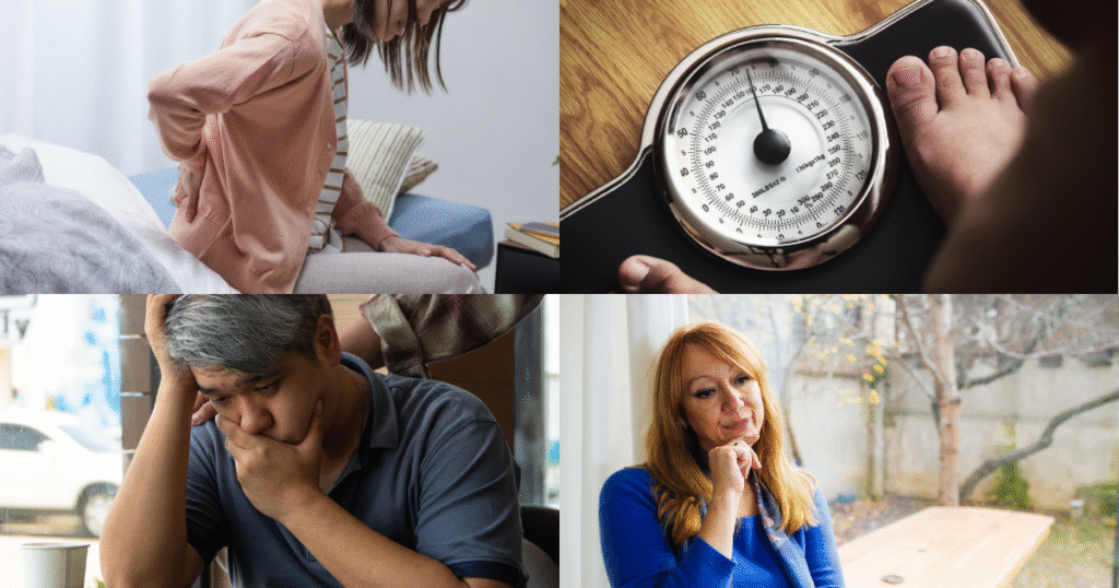 Adults in midlife showing signs of low energy, weight gain, and hormonal decline—ideal candidates for Sermorelin treatment.